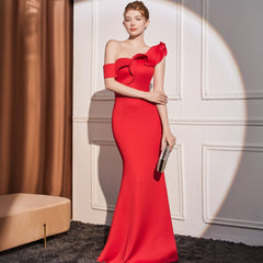 High-end Slant Shoulder Slimming Long Dress - kinko