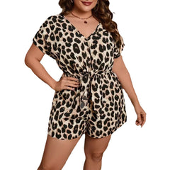 Sexy V-neck Leopard Print Short Sleeve Lace-up One-piece Shorts - kinko