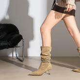 Women’s Stiletto Knee-High Boots – Pointed Toe Pleated Slim-Fit Design