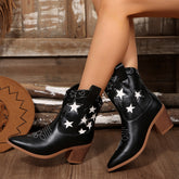 Women’s Embroidered Leather Short Boots – Pointed Toe Vintage Mid-Heel Design