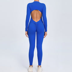 Women's Solid Color Backless Long-sleeve Zipper One-piece - kinko