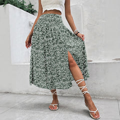 European And American Women's Clothing Casual Holiday Floral Print Split Skirt - kinko