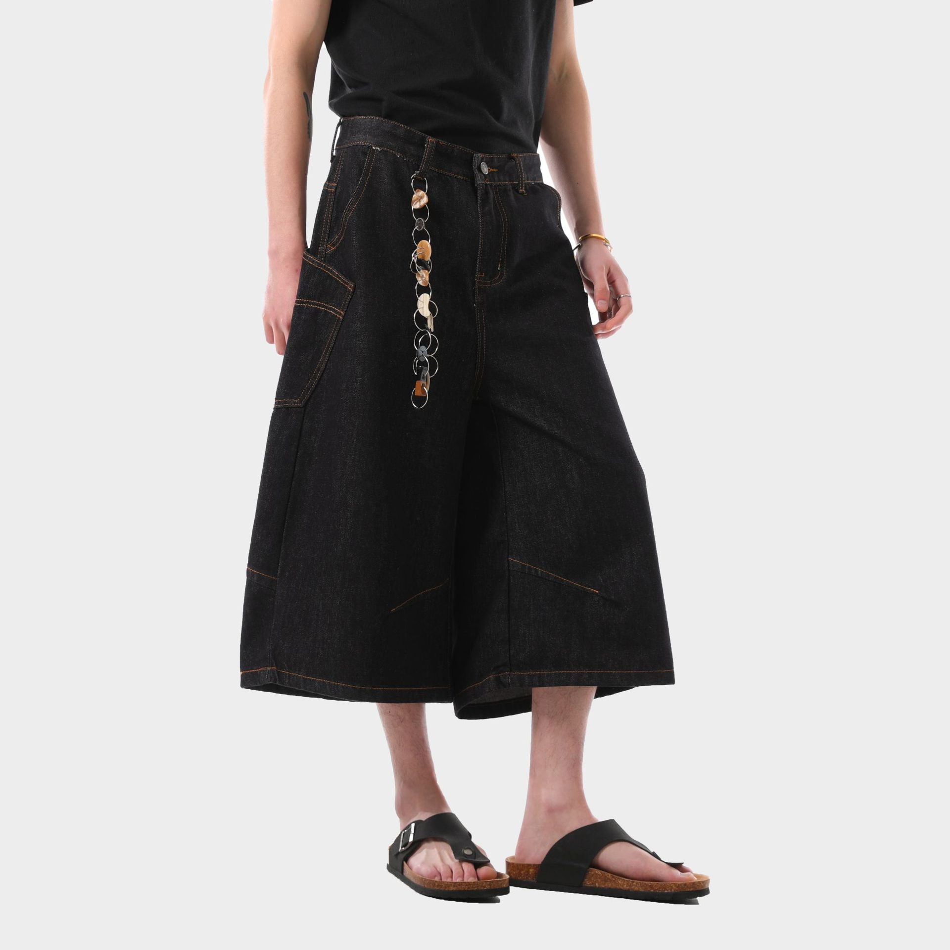 Retro Washed Side Pocket Denim Cropped Pants Men - kinko