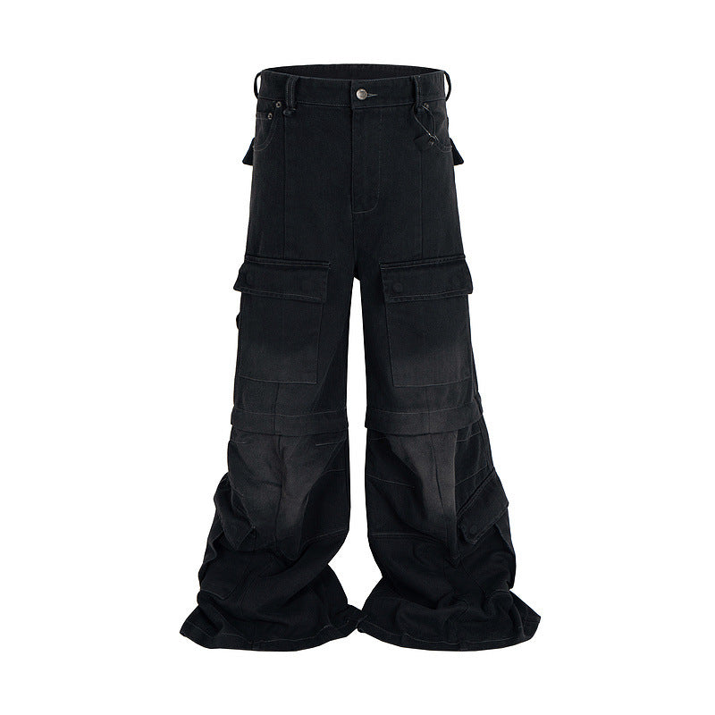 Detachable Worn Looking Washed-out Multi-pocket Detachable Two-way Wear Micro-pull Overalls - kinko