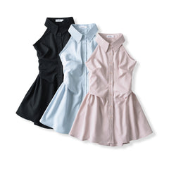 2024 Summer New Pure Desire Style Slim Fit Slimming Waist Pleating Sleeveless Shirt Dress Polo Collar Dress - kinko