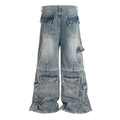 Detachable Worn Looking Washed-out Multi-pocket Detachable Two-way Wear Micro-pull Overalls - kinko