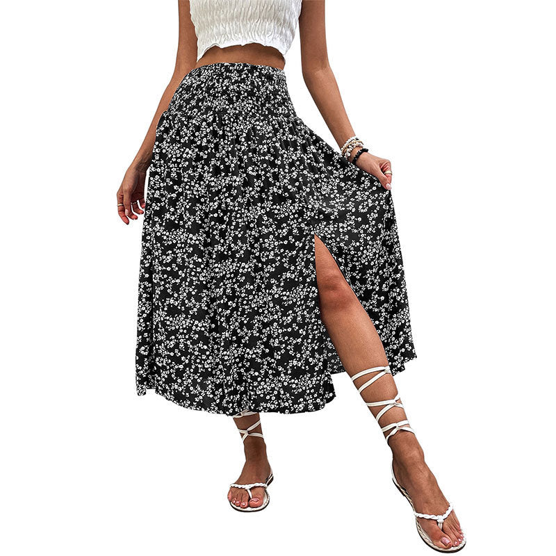 European And American Women's Clothing Casual Holiday Floral Print Split Skirt - kinko