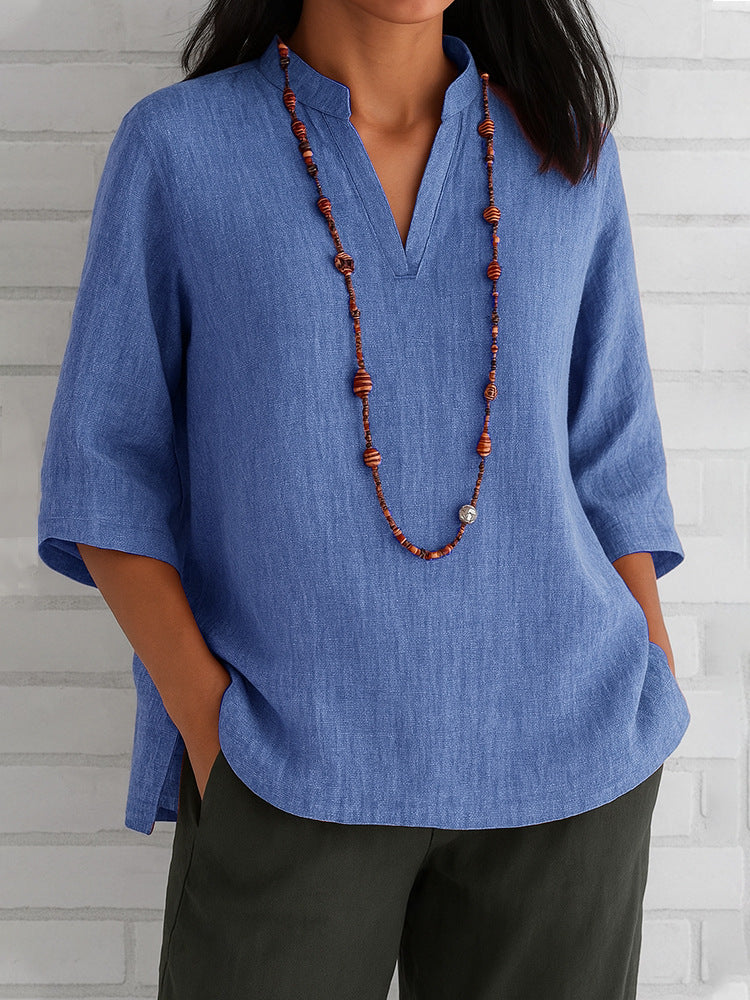 Summer Women's Clothing V-neck 34 Sleeves Cotton And Linen Loose Casual Shirt - kinko
