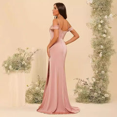 Off-the-shoulder Satin Bridesmaid Corset Ball Gown - kinko