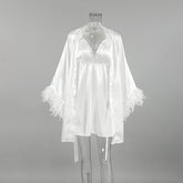 Loose Night Dress Robe Two Piece Sets Satin Stitching Feather Sleeve Solid Color Ladies Homewear