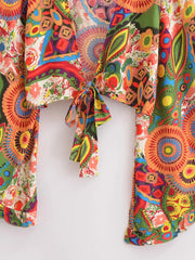 Boho Vintage Floral Print Beach Summer Short Kimono Women 2025 Fashion Ruffles Flare Sleeves Vacation Bohemian Bikini Cover-ups