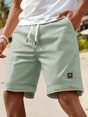 Men's Casual Summer Shorts with Pockets - Black, Elastic Waistband, Drawstring, Polyester, Two-Layer Design, Lightweight & Breat