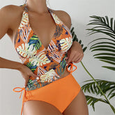 Women'S Two-Piece Swimsuit Sexy Split Triangle Band Pure Colored Leaf Printing Bikini Swimwear Split Swimwear купальник женский