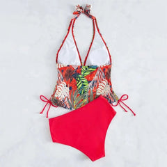 Women'S Two-Piece Swimsuit Sexy Split Triangle Band Pure Colored Leaf Printing Bikini Swimwear Split Swimwear купальник женский