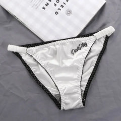 Sexy Girl Thongs Women Glossy Underwear Panty Low Waist Solid Color Satin Fabric Briefs Embroidery Fitness Sports Underpants