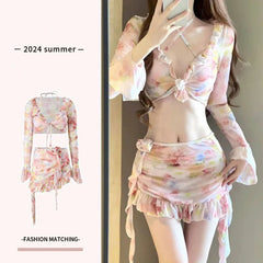 Sexy Floral Print Split Bikini Set Women 4pcs/set Hollow Push up Swimsuit Beach Bathing Suit Fashion Holiday Hot Spring Swimwear