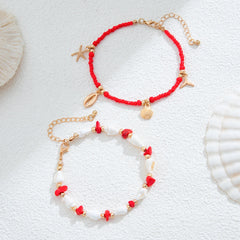 Salircon 2pcs/set Bohemian Starfish Conch Rice Beads Anklet Chain Women 2024 Trending Beach Anklets Lady Jewelry Accessories
