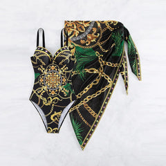 Underwire Women Sexy Swimsuit 2 Piece Swimwear Slim Monokini Chains Print Push Up Bikini Black Blue Green Beachwear Light luxury