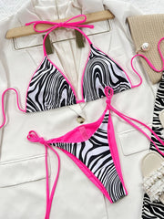 Zebra Print Halter micro Bikini 2025 women Bandeau String Swimsuit Female swimwear Neon Shiny bikini set Leopard Bathing Suit