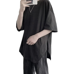 Summer Oversized T-shirt Solid Round Neck Loose Side Split T Shirt for Men Harajuku Half Sleeve Tee Simple Daily Tees