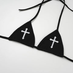 Sexy Bikini 2024 Women Cross Embroidery Split Bathing Suit Underwear Lingerie Goth Swimsuit Low Waist Bikinis Beach Swimwear