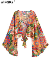 Boho Vintage Floral Print Beach Summer Short Kimono Women 2025 Fashion Ruffles Flare Sleeves Vacation Bohemian Bikini Cover-ups