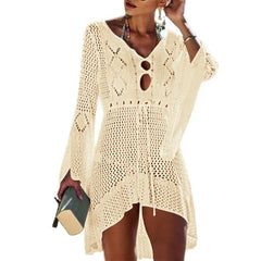 Summer Women Bikini Cover Up Hollow Out Knitted Flared Sleeves Swimwear Cover Up Solid Color Drawstring Beach Dress For Vacation
