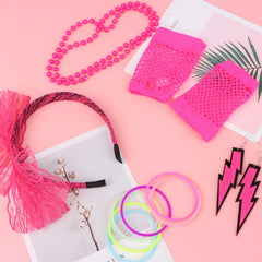 80s Fancy Dress Accessories WomenTutu Skirt Neon Fishnet Gloves Beaded Necklace Bracelet Earrings Adult 80s Party Costume Set