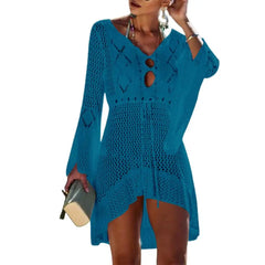 Summer Women Bikini Cover Up Hollow Out Knitted Flared Sleeves Swimwear Cover Up Solid Color Drawstring Beach Dress For Vacation