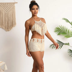 Hand Crochet Beach Bikini Set Women Short Swimwear Sexy Tassel