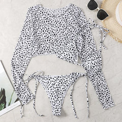 Women Leopard Swimwear 3 Piece Bikini Set 2023 New Long Sleeve Swimsuit String Bathing Suit