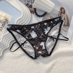 Cute Cat Print Cartoon Underwear for Women Low Waist Lace Bow Breathable Student Panties Cotton Crotch Seamless Briefs Lingerie