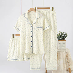 Women's Underwear Set Pure Cotton Summer Home Wear 3 Pieces Short Sleeve Sleepwear Women's Pajamas Female 2025 Lingerie
