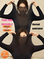 2 Pcs Women's Seamless Ultra-Thin Thermal Underwear - Soft & Comfy Long Sleeve Round Neck Top Perfect For Lingerie & Sleepwear