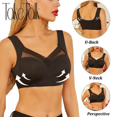 Women Sexy Bra Full Cup Brassiere Female U Back Underwear Lace Splicing Pespective Bralette V Neck Intimates Lingerie Large Size