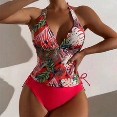 Women'S Two-Piece Swimsuit Sexy Split Triangle Band Pure Colored Leaf Printing Bikini Swimwear Split Swimwear купальник женский