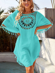 Women Off Shoulder Loose Beach Smock Casual Holiday Sexy Style Cut Out Tassel Beach Smock Women Summer Beach Smock