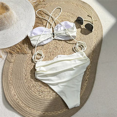 Sexy Red 3D Flower Swimwear Halter Bandeau Bikinis Sets High Wiast Swimsuit 2025 Women Ruched Bathing Suit Bikini Mujer Bather