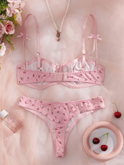 Lingerie Cute Cherry Print Bra Panty Sets Girl Beautiful Bow Sexy Lingerie Three-Point Underwear Intimate Sexy Female Lingerie