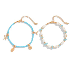 Salircon 2pcs/set Bohemian Starfish Conch Rice Beads Anklet Chain Women 2024 Trending Beach Anklets Lady Jewelry Accessories