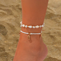 Salircon 2pcs/set Bohemian Starfish Conch Rice Beads Anklet Chain Women 2024 Trending Beach Anklets Lady Jewelry Accessories
