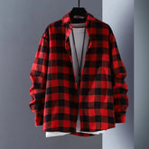 Men\\\'s Baggy Coat Lapel Tops Casual Work Baggy Coat Lapel Tops Long Sleeve Check Shirts Button Down Plaid Shirts Red Black