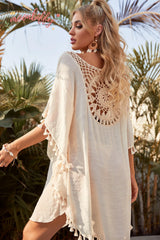 Women Off Shoulder Loose Beach Smock Casual Holiday Sexy Style Cut Out Tassel Beach Smock Women Summer Beach Smock