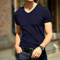 Mens Clothing Classic Japan Short Sleeve Men's Ice Silk Comfortable Trackless T-shirt V-neck Slim Short Sleeve T-shirts For Men
