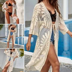 One Size Sexy Lace Up Summer Beach Cover Up Solid Color Women Beach Dress Flower Embroidery Women Clothes
