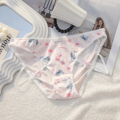 Cute Cat Print Cartoon Underwear for Women Low Waist Lace Bow Breathable Student Panties Cotton Crotch Seamless Briefs Lingerie