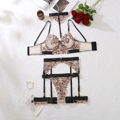 Erotic Women's Lingerie 5-Piece Set Hanging Neck Leopard Embroidered Bra Panty Garter Sets See-Through Patchwork Sexy Underwear