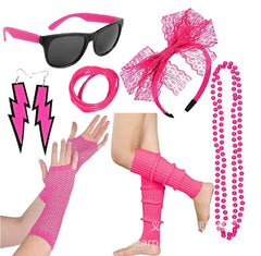 80s Fancy Dress Accessories WomenTutu Skirt Neon Fishnet Gloves Beaded Necklace Bracelet Earrings Adult 80s Party Costume Set