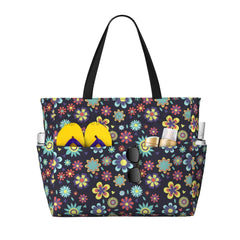 Hippie Flowers Large Beach Tote Bag Women Waterproof Sandproof Zipper Beach Tote Bags for Pool Gym Grocery Travel