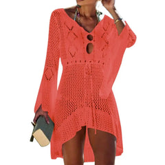 Summer Women Bikini Cover Up Hollow Out Knitted Flared Sleeves Swimwear Cover Up Solid Color Drawstring Beach Dress For Vacation